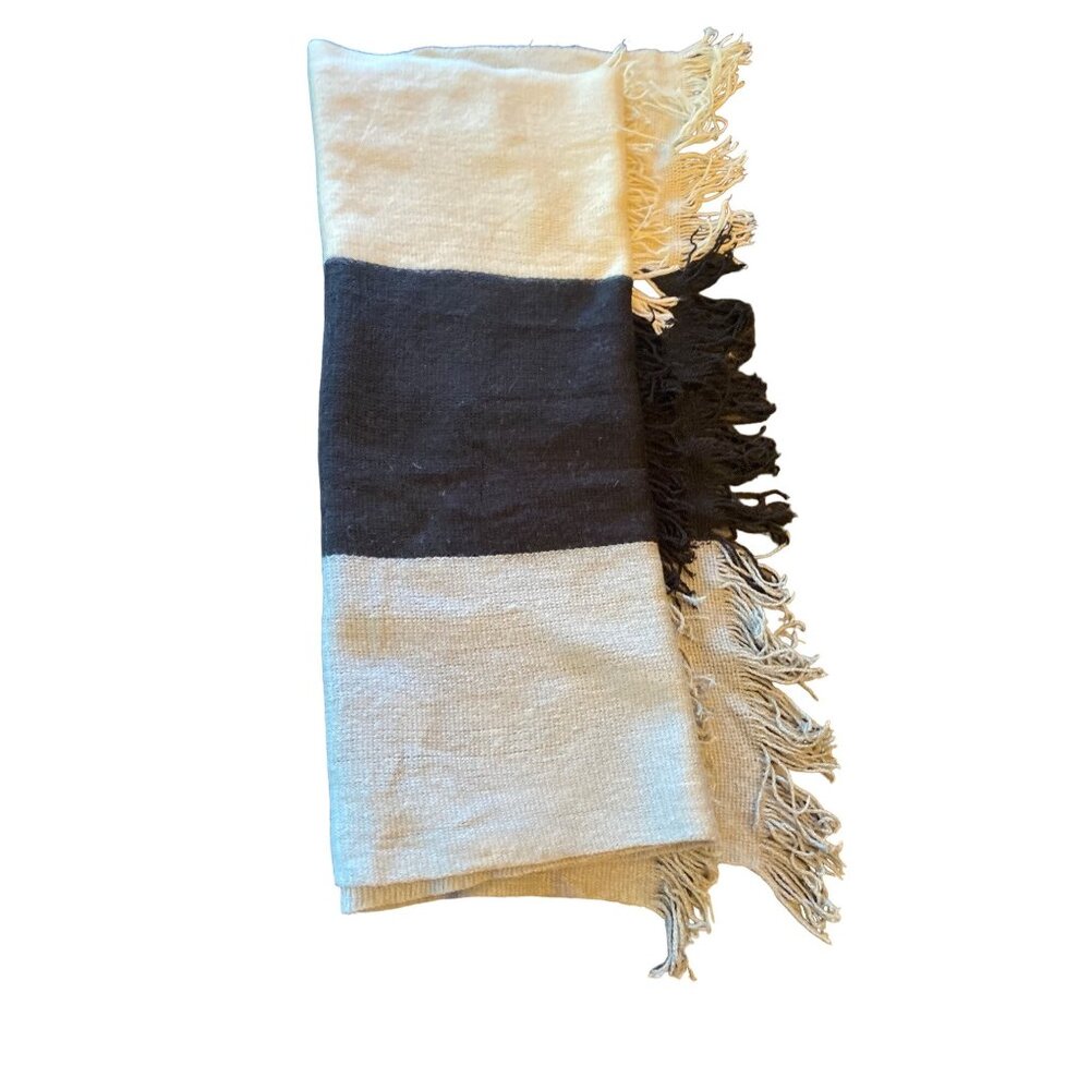 Soft Acrylic Fringed Throw Blanket DONNI. Color Blocked Beige Black Cream Design